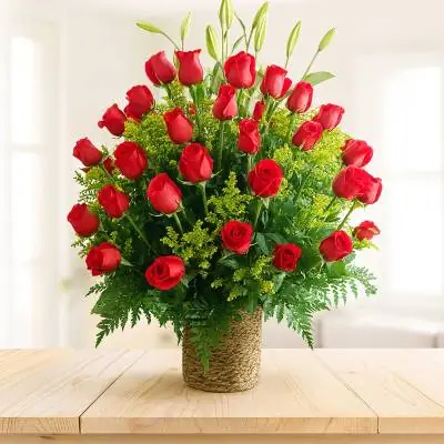 Arrego Floral Exótico Secreto - Flores Tropicales - Las flores son el instrumento universal por excelencia para demostrar afecto y amor. Envía este lindo diseño redondo, elaborado sobre una base de madera el cual se compone de 48 rosas rojas, lirios y follajes verdes. Sugerimos que acompañes este diseño con chocolates, peluches, globos o vinos para hacer aún más especial tu detalle, en el siguiente paso de la compra puedes agregar a tu orden estos productos si lo deseas. - Floresco