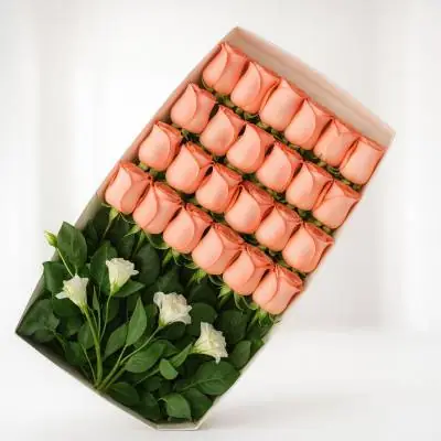 Caja de 24 Rosas Rosadas - Cajas - Por medio de este delicado diseño podrás expresar todo tu amor y afecto a tu ser querido, regala esta linda caja con 24 rosas rosadas y follajes verdes y demuéstrale lo importante que es para ti. La caja lleva su respectiva tapa. Sugerimos que acompañes este diseño con chocolates, peluches, globos o vinos para hacer aún más especial tu detalle, en el siguiente paso de la compra puedes agregar a tu orden estos productos si lo deseas. - Floresco