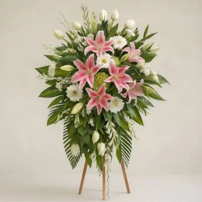 Pedestal Fúnebre Sagrado - Fúnebres - hay momentos en los que las palabras no son suficientes para expresar el dolor que produce la partida de ese ser querido, envía tus más sentidas condolencias enviado este lindo pedestal elaborado con lirios fucsias, rosas y gerberas blancas y follajes verdes. - Floresco