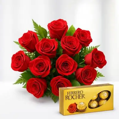 Ramillete o Bouquet Dulce Despertar - Ramilletes - Envía este bello ramillete de mano o bouquet de rosas y follajes verdes con elegante envoltura en papel o plástico (sin base), acompañado de una deliciosa Caja de Chocolates Ferrero Rocher por 8 unidades y haz que esa persona empiece su día de la mejor manera. Sugerimos que acompañes este diseño con chocolates, peluches, globos o vinos para hacer aún más especial tu detalle, en el siguiente paso de la compra puedes agregar a tu orden estos productos si lo deseas. - Floresco