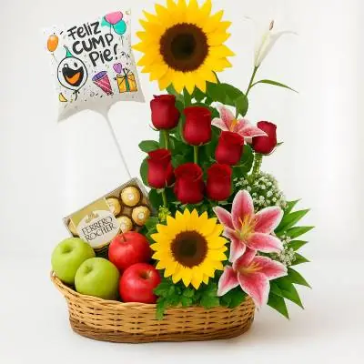 Arreglo Floral con Frutas Kiwano - Fruteros - Hoy es un día especial y necesitas sorprender?&nbsp; no te preocupes, no estarás ausente en esta fecha, envía este lindo diseño elaborado sobre una canasta de mimbre o similar, se compone de 5 rosas rojas, lirios, girasoles, follajes verdes y variedad de frutas frescas. El diseño incluye una caja de chocolates Ferrero Rocher por 8 unidades y un globo metalizado de “Feliz Cumpleaños”. Sugerimos que acompañes este diseño con chocolates, peluches o vinos para hacer aún más especial tu detalle, en el siguiente paso de la compra puedes agregar a tu orden estos productos si lo deseas. - Floresco